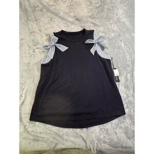 Doe & Rae Shirt Women's large Chapel hill blue Stripe tie shoulder navy